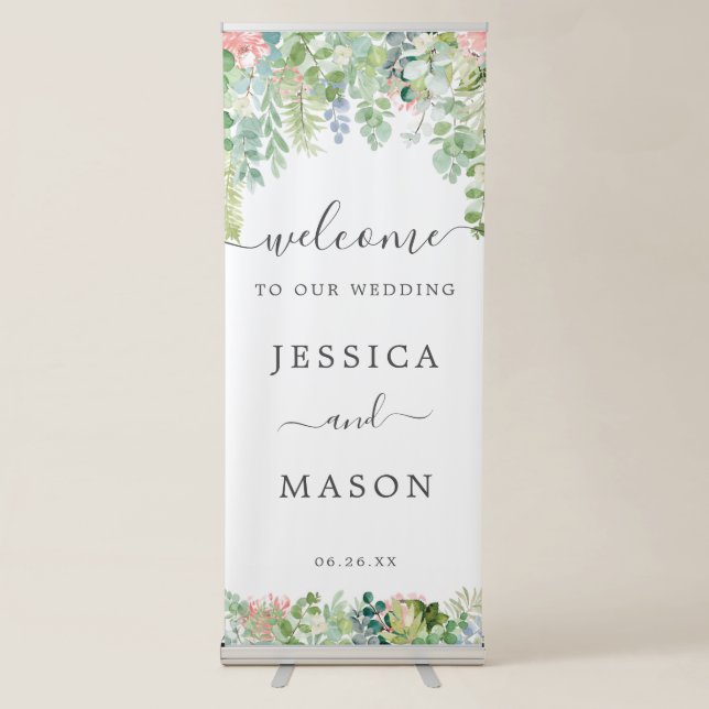 Soft Greenery Wedding Welcome Banner Stand (Front)