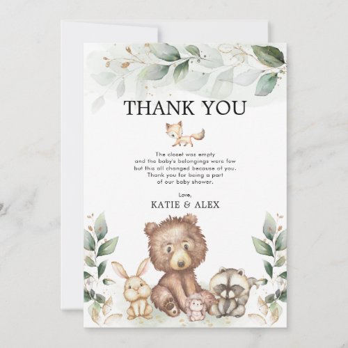 Soft Greenery Woodland Animals Baby Shower Thank You Card