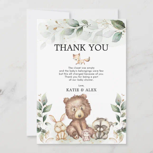 Soft Greenery Woodland Animals Baby Shower Thank You Card | Zazzle