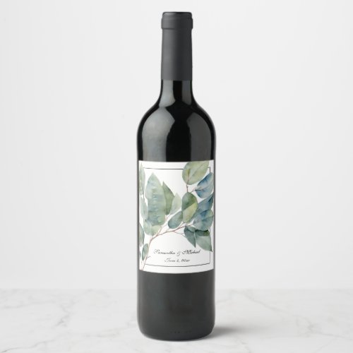 Soft greens teals botanical elegant calligraphy wine label