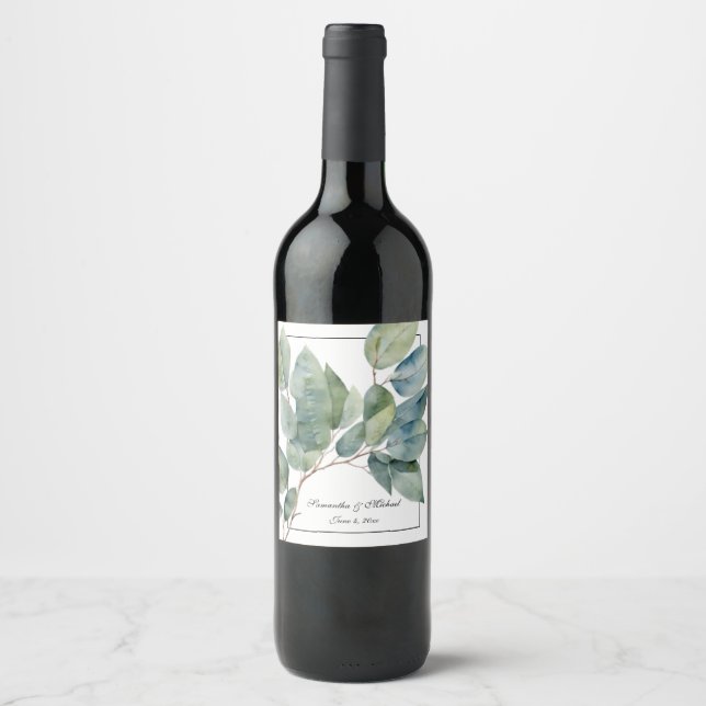 Soft greens teals botanical elegant calligraphy wine label (Front)