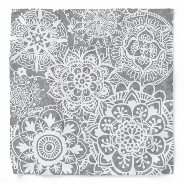 Soft Grey and White Mandala Pattern Bandana (Front)