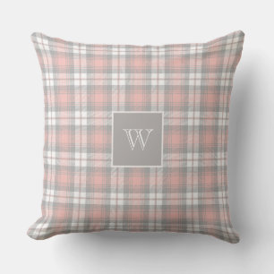 Soft Grey Pink Monogram Gingham Girly Plaid Outdoor Pillow