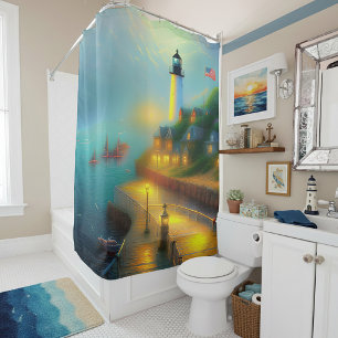 Soft harbor and lighthouse shower curtain
