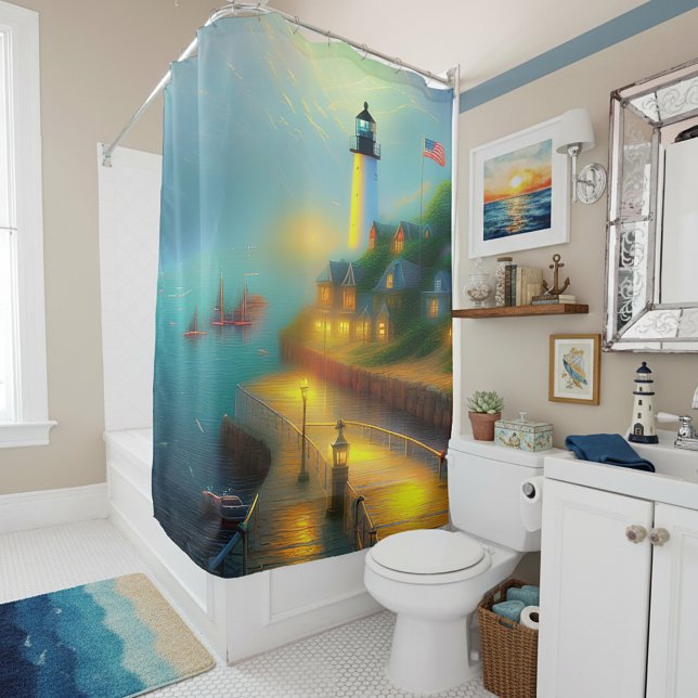 Soft harbor and lighthouse shower curtain (Creator Uploaded)