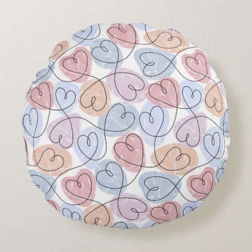 Soft Hearts Continuous Line Valentines Round Pillow