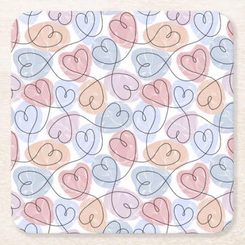 Soft Hearts Continuous Line Valentines Square Paper Coaster