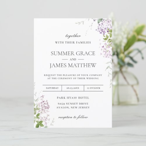 Soft Hued Lilac Purple Floral Greenery Wedding  Invitation