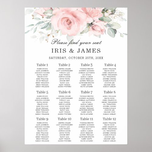 Soft Hued Pink Floral Leafy Wedding Seating Chart