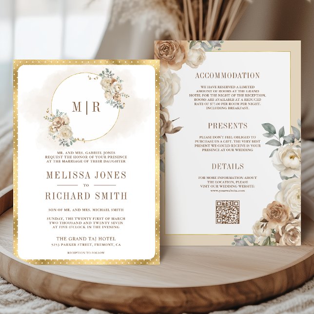 Soft Ivory Beige Floral Gold All in One Wedding Invitation (Creator Uploaded)