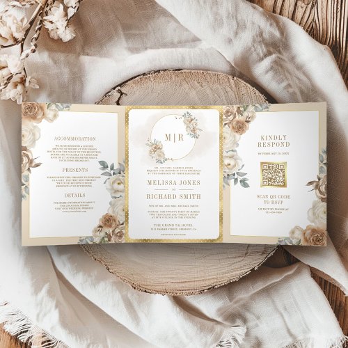 Soft Ivory Beige Floral Gold All in One Wedding Tri_Fold Invitation