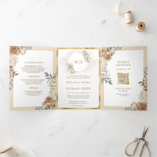 Soft Ivory Beige Floral Gold All in One Wedding Tri_Fold Invitation