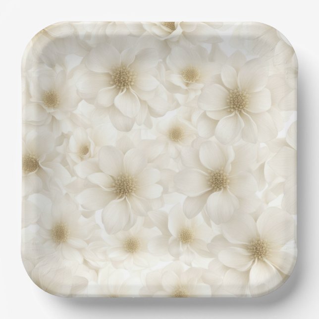 Soft Ivory Floral Abstract Paper Plates (Front)