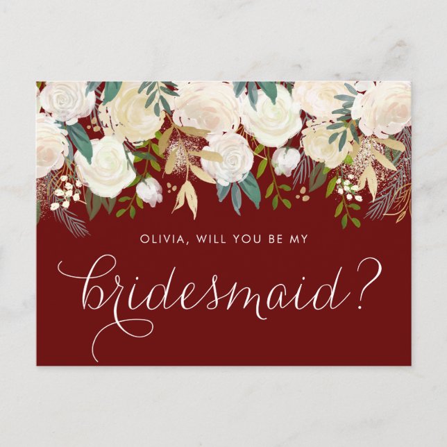 Soft Ivory Floral Garland Red Be My Bridesmaid Invitation Postcard (Front)