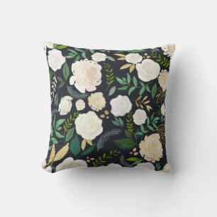 Soft Ivory Floral Pattern with Gold Glitter Black Throw Pillow