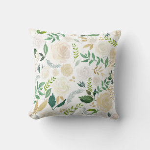 Soft Ivory Floral Pattern with Gold Glitter White Throw Pillow