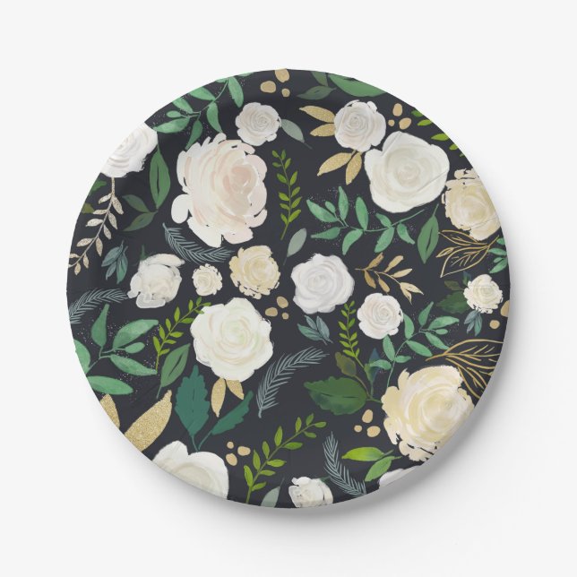 Soft Ivory Floral Pattern with Greenery Black Paper Plates (Front)