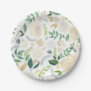 Soft Ivory Floral Pattern with Greenery White Paper Plates