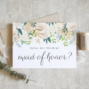 Soft Ivory Flowers Gold Maid of Honor Proposal Card