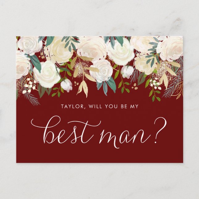 Soft Ivory Flowers Red Will You Be My Best Man Invitation Postcard (Front)