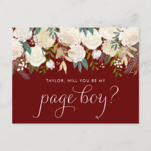 Soft Ivory Flowers Red Will You Be My Page Boy Invitation Postcard