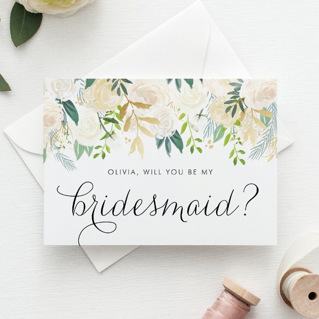 Soft Ivory Flowers Will You Be My Bridesmaid Invitation Postcard (Floral Bridesmaid Proposal Card with Soft Ivory Flowers and Faux Gold Foil and Glitter Accents)