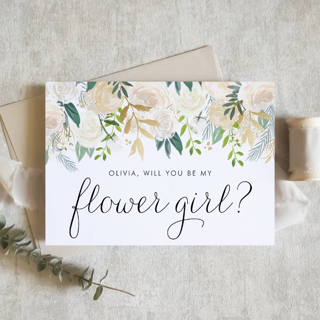 Soft Ivory Flowers Will You Be My Flower Girl (Will you be my flower girl? Floral Flower Girl Proposal Card featuring soft ivory flowers.)
