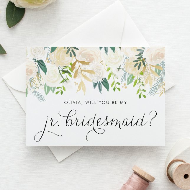 Soft Ivory Flowers Will You Be My Jr Bridesmaid (Will you be my junior bridesmaid? Floral Jr. Bridesmaid Proposal Card featuring soft ivory flowers.)
