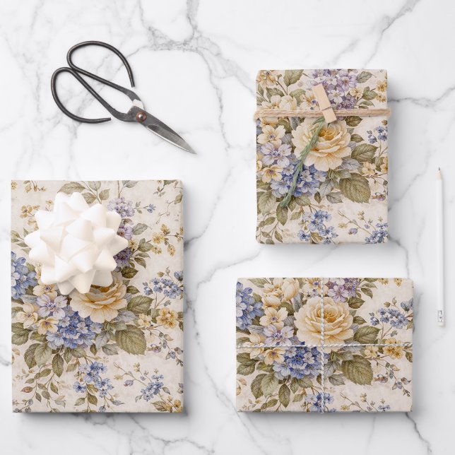 Soft Ivory Garden Bloom Wrapping Paper Sheets (Front)