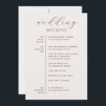 Soft Ivory Script Wedding Timeline   Welcome Invitation<br><div class="desc">A clean and modern wedding timeline card designed with a soft ivory background and deep burgundy typography. The layout combines a flowing script headline with structured text, creating a balanced look that feels both elegant and easy to read. The front side features a clear wedding weekend schedule, including rehearsal dinner,...</div>