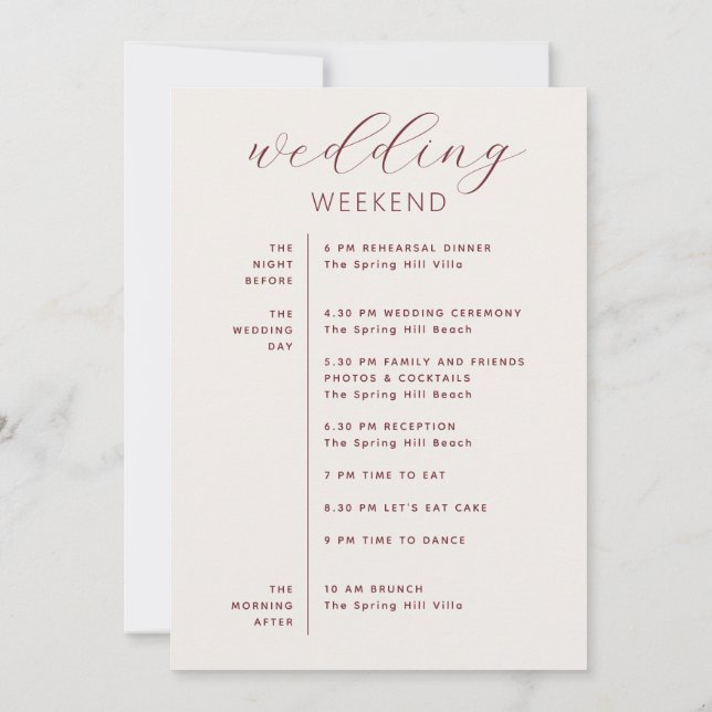 Soft Ivory Script Wedding Timeline + Welcome Invitation (Back)