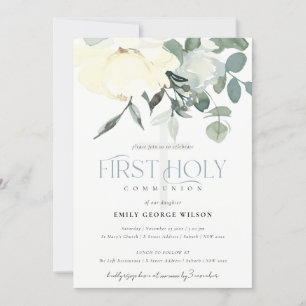 SOFT IVORY WHITE AQUA FLORAL FIRST HOLY COMMUNION INVITATION