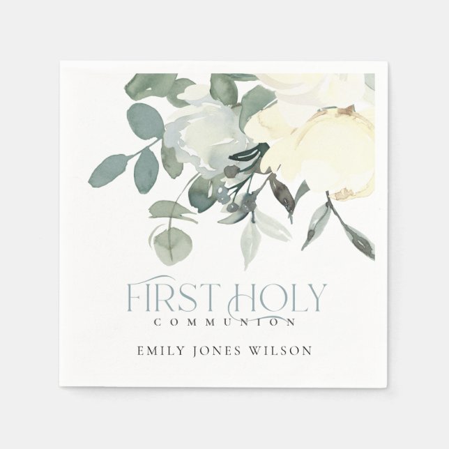 SOFT IVORY WHITE AQUA FLORAL FIRST HOLY COMMUNION NAPKINS (Front)