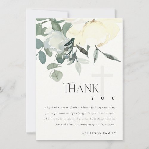 SOFT IVORY WHITE AQUA FLORAL FIRST HOLY COMMUNION THANK YOU CARD