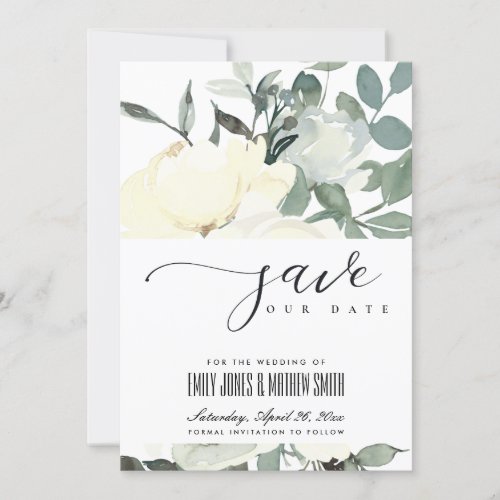 SOFT IVORY WHITE AQUA FLORAL WATERCOLOR BUNCH SAVE THE DATE