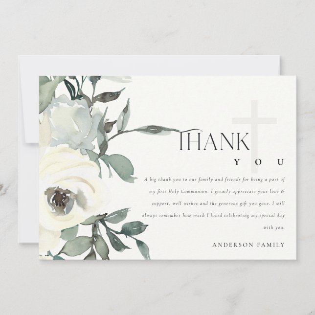 SOFT IVORY WHITE FLORA BUNCH FIRST HOLY COMMUNION THANK YOU CARD (Front)