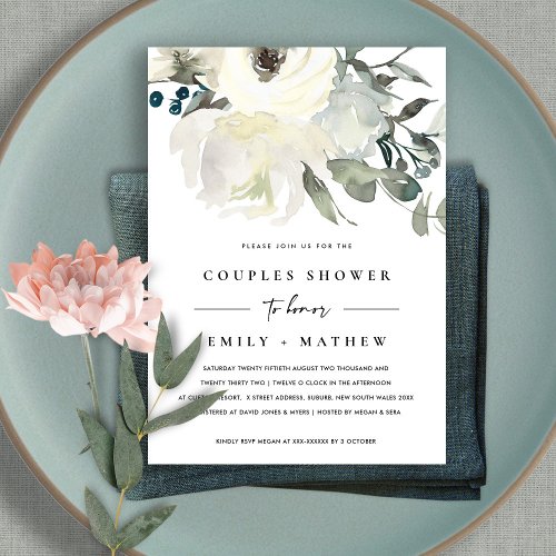 SOFT IVORY WHITE FLORA WATERCOLOR  COUPLES SHOWER INVITATION