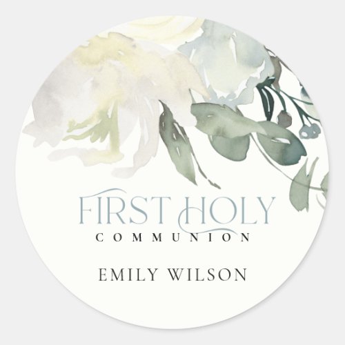 SOFT IVORY WHITE FLORAL AQUA FIRST HOLY COMMUNION CLASSIC ROUND STICKER