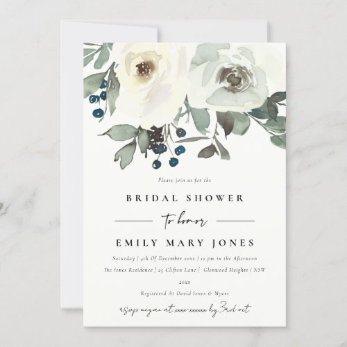 SOFT IVORY WHITE FLORAL WATERCOLOR  BRIDAL SHOWER INVITATION