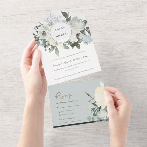 SOFT IVORY WHITE FLORAL WATERCOLOR BUNCH WEDDING   ALL IN ONE INVITATION
