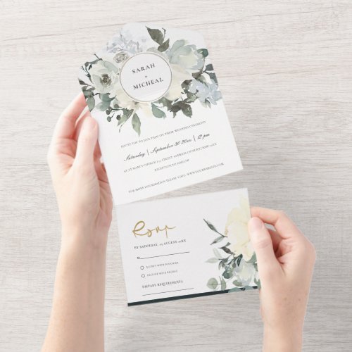 SOFT IVORY WHITE FLORAL WATERCOLOR BUNCH WEDDING   ALL IN ONE INVITATION