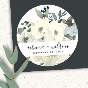SOFT IVORY WHITE FLORAL WATERCOLOR BUNCH WEDDING CLASSIC ROUND STICKER