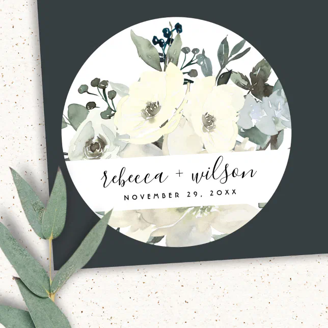 SOFT IVORY WHITE FLORAL WATERCOLOR BUNCH WEDDING CLASSIC ROUND STICKER ...