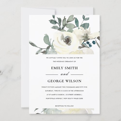 SOFT IVORY WHITE FLORAL WATERCOLOR BUNCH WEDDING INVITATION