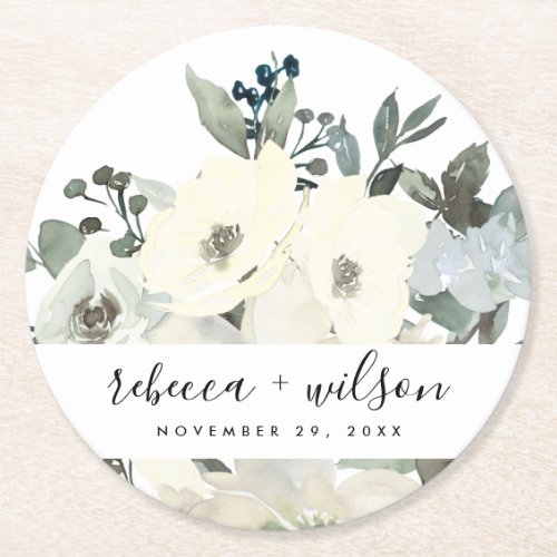 SOFT IVORY WHITE FLORAL WATERCOLOR BUNCH WEDDING ROUND PAPER COASTER