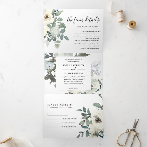SOFT IVORY WHITE FLORAL WATERCOLOR BUNCH WEDDING Tri_Fold INVITATION
