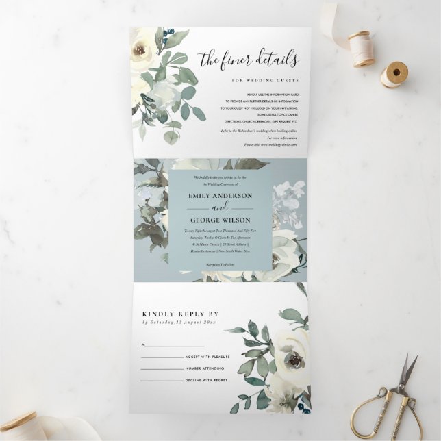 SOFT IVORY WHITE FLORAL WATERCOLOR BUNCH WEDDING Tri-Fold INVITATION (Inside)