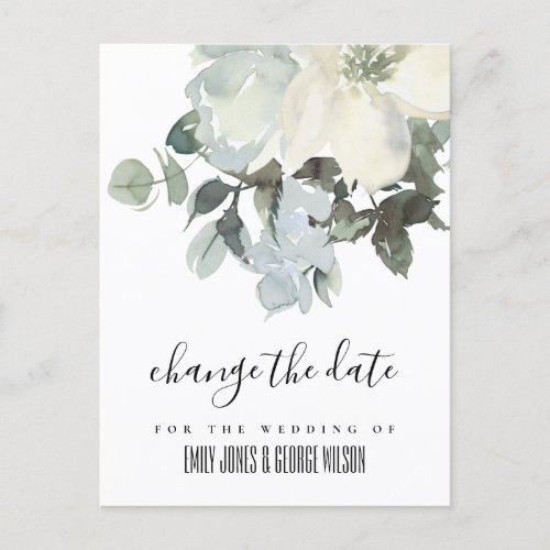 SOFT IVORY WHITE FLORAL WEDDING CHANGE THE DATE ANNOUNCEMENT POSTCARD