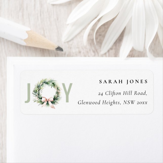 Soft Joy Blush Green Christmas Wreath Address Label (Insitu)
