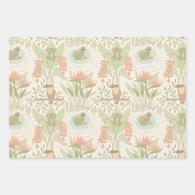  Soft Jungle Frogs & Birds Wrapping Paper Sheets (Front)
